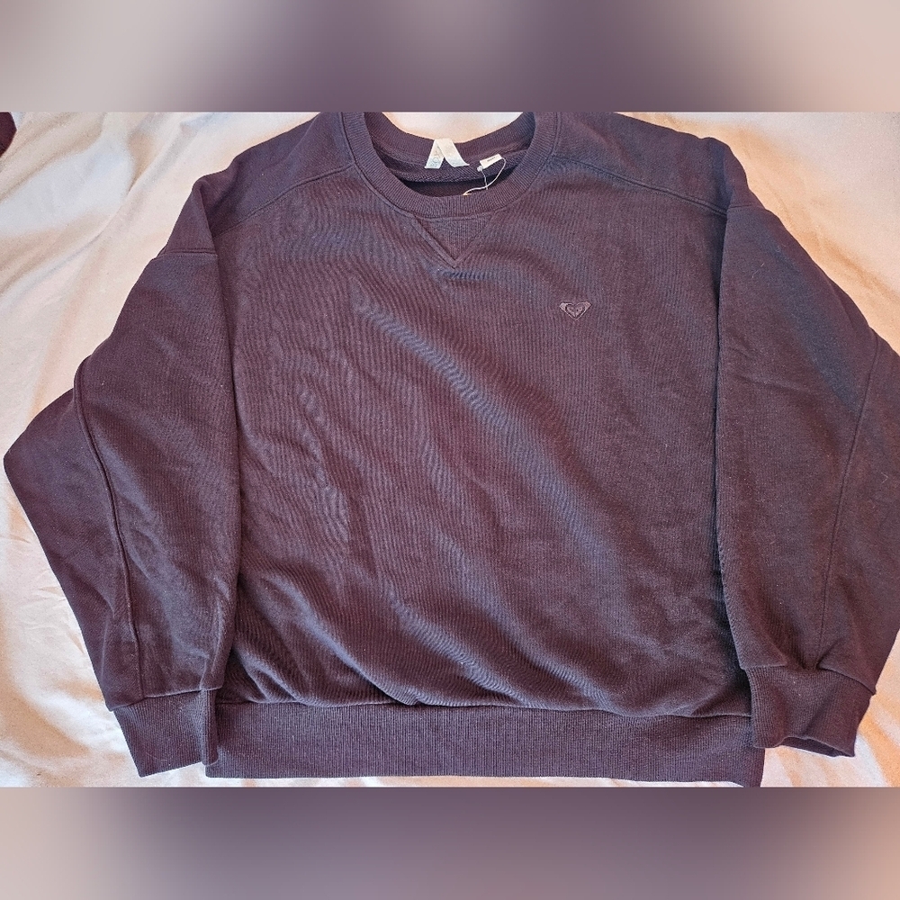Roxy Women's Crew Neck Sweater, Dolman Sleeves, Embroidered Logo, Black, S NWT